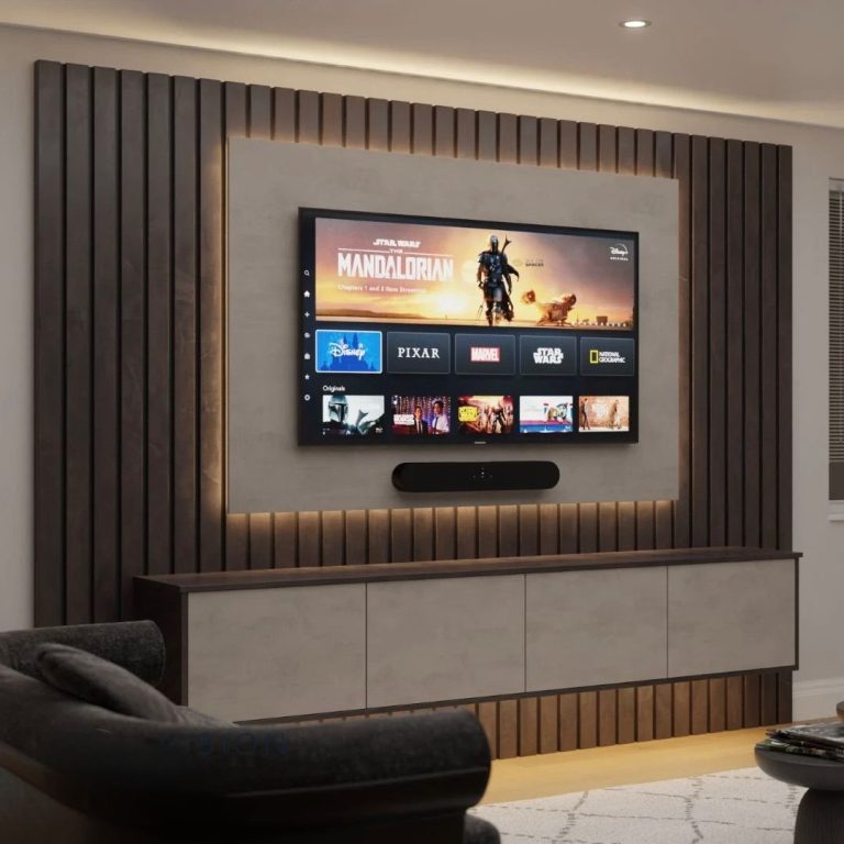 Modern acoustic slat panel media wall with cabinet and tv back board.