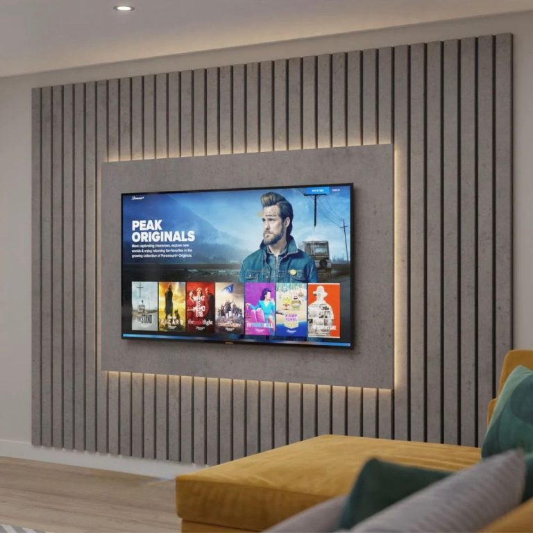 Minimalist Media Wall with acoustic slat panels and TV back board.
