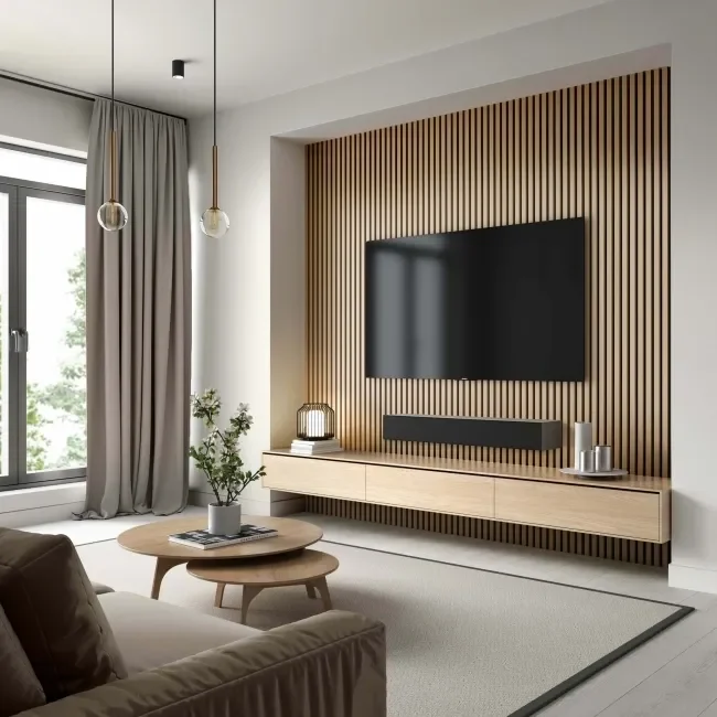 Bespoke Media Wall Installation with acoustic slat panel by Emotive AV based in Bodmin, Cornwall